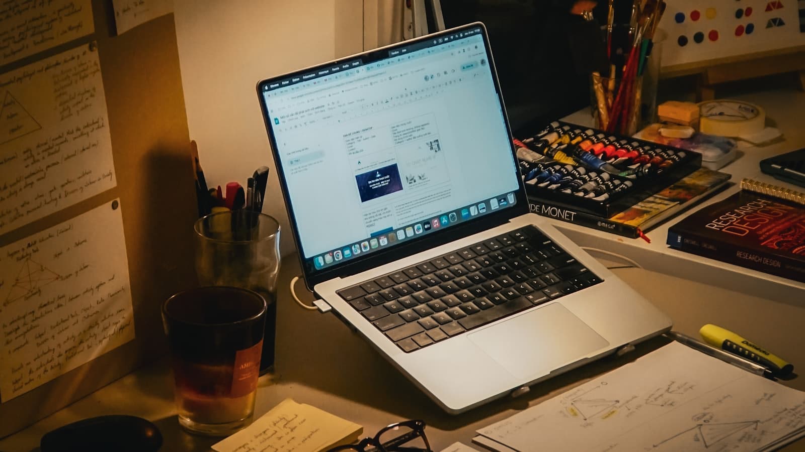 Mesa de trabalho com notebook, livros e papéis